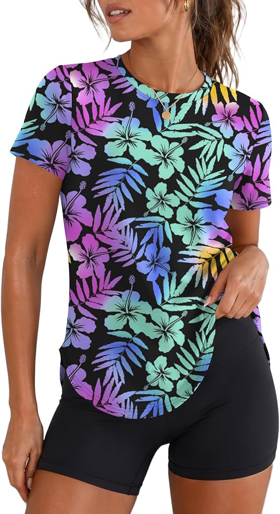 LOMON Workout Tops Women Short Sleeve Athletic Shirts UV Sun Protection Tee | UV Sun Protection SPF 50+ Quick Dry Curved Side-slit Hem Active Hiking Gym Rash Guard Wear