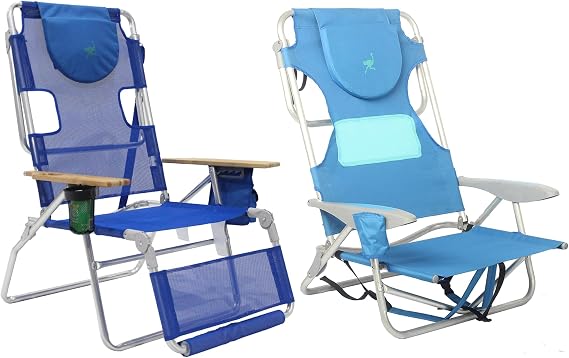 Ostrich Altitude 3N1 Lounge Reclining Chair and Ladies Comfort On-Your-Back Lightweight Outdoor Beach Chair w/Backpack Strap, Blue