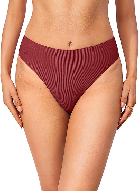 DOBREVA Women's High Waisted Bikini Bottoms High Cut Swimsuit Ribbed Bathing Suit Bottom Swim Briefs