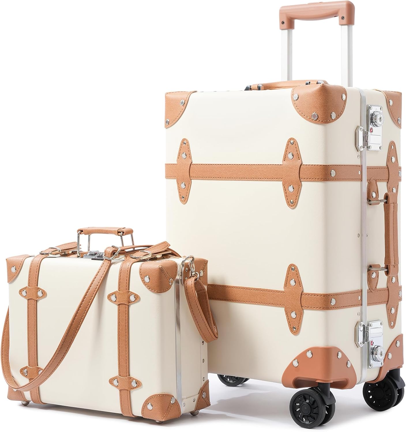 2-Piece Vintage PU Leather Trunk Style Suitcase Set with Wide Aluminum Frame, Water-Resistant, TSA Lock, Smooth 360° Spinner Wheels Natural Tan Trim, 2012