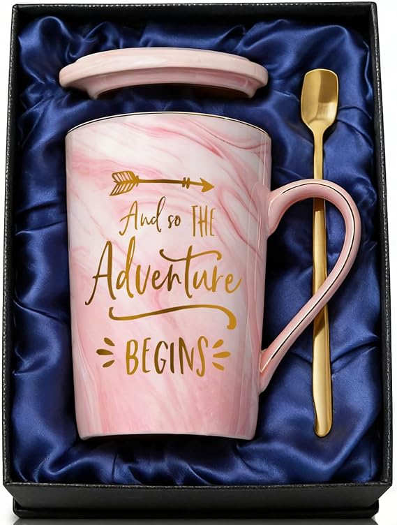 ShinnyWis And So The Adventure Begins 14 oz Coffee Mug, Bridal Shower Gifts for Bride, Christmas Birthday Graduation Gift for Her, Going Away Moving New Job Promotion Adventure Gifts for Women