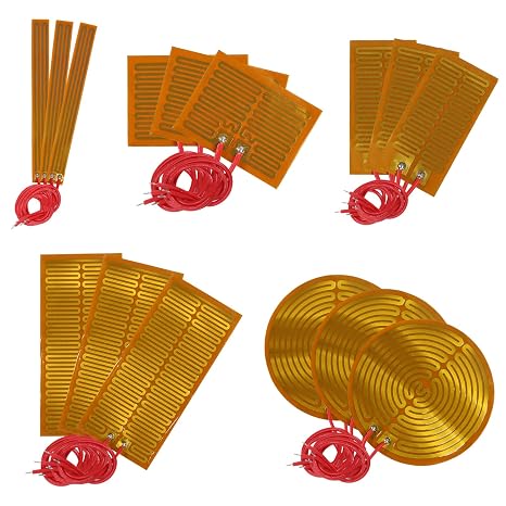 15PCS 5 Kinds Film Heater Plate Adhesive Pad,PI Heating Elements Film with Cord(12V 12W+12V 7W+5V 1W+24V 30W+12V 13W)