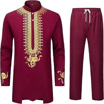 YND Mens 2 Piece African Dashiki Shirt and Pants Set, Outfit with Gold Print