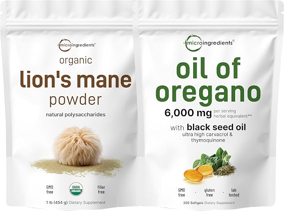 Micro Ingredients Oil of Oregano Softgels & Lions Mane Mushroom Supplement Powder Bundle 2 Pack | Carvacrol & Thymoquinone | Natural Superfood for Brain, Energy, Immune Health