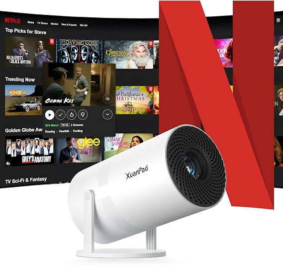 Built-in Apps & Electric FocusXuanPad Mini Projector with Wi-Fi and Bluetooth, Native 720P Smart Portable Projector with 210 Stand, Auto Vertical Keystone, Compatible with USB/TV Stick/Phone/Laptop