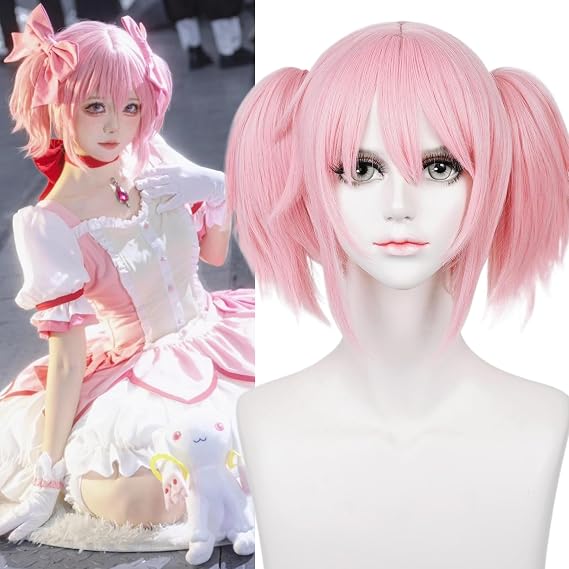 LABEAUTE Madoka Cosplay Wig Anime Women Girls, Short Pink Cosplay Wig Cute Lolita Twin Tails Hair Sweet and Lovely Synthetic Hair for Halloween Party Christmas Costume