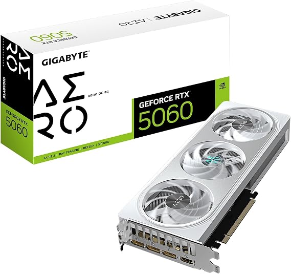 GIGABYTE GeForce RTX 5060 AERO OC 8G Graphics Card, 8GB 128-bit GDDR7, PCIe 5.0, WINDFORCE Cooling System, NVIDIA, DisplayPort, HDMI - Video Output Interface GV-N5060AERO OC-8GD Video Card