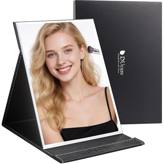 DUcare Folding Table Mirror 6x8 Inch - Portable Desk & Travel Mirror with PU Leather Cover, Adjustable Stand for Makeup, Shaving, Crafting, Black