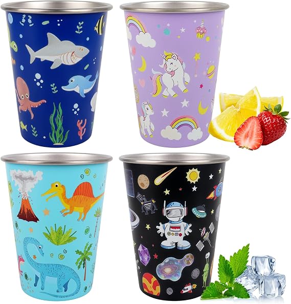 Stainless Steel Cups Set of 4, 350ml Reusable Stainless Steel Tumbler, Stackable Drinking Cups in 4 Colours for Coffee & Juice, Shatterproof Metal Cup for Camping, Outdoor & Indoor Activities