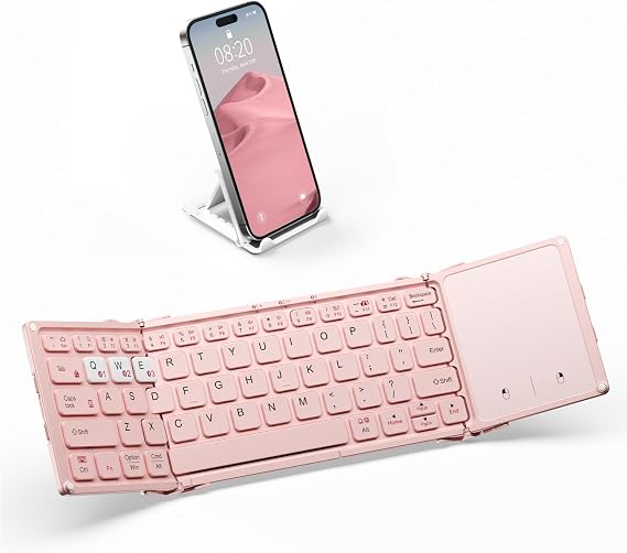 Artciety Foldable Bluetooth Keyboard, Wireless Portable Keyboard with Larger Touchpad, Pocket-Sized Pink Folding Key Board for MacOS Android Windows iOS, Sync Up to 3 Devices (BT5.1 x 3)