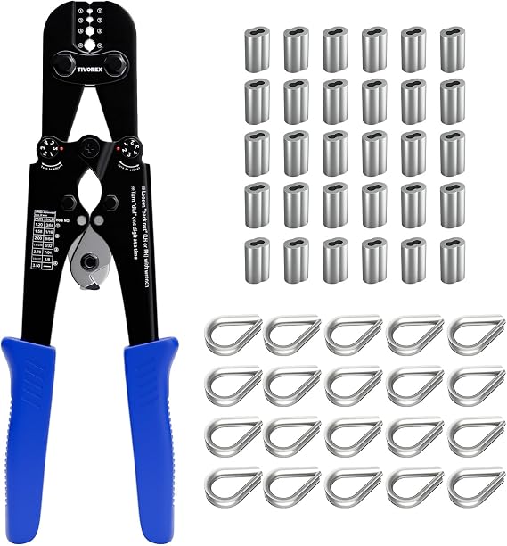 Wire Rope Crimping Tool Kit, Built-in Cutter Swaging Tool 1/8" | Crimping Loop Sleeve from 3/64-inch to 1/8-inch, for Aluminum Oval Sleeves, Double Sleeve