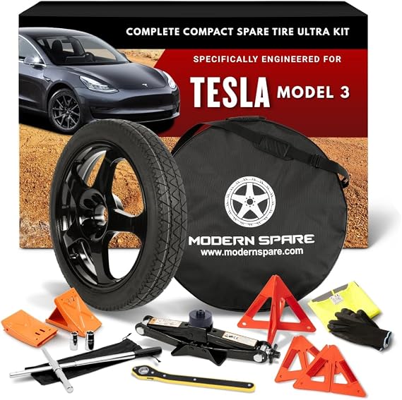 Modern Spare - Fits 2017-2026 Tesla Model 3 - Ultra Kit | Complete emergency spare tire solution including compact spare wheel & tire, jack, lug wrench, case, chocks and safety kit
