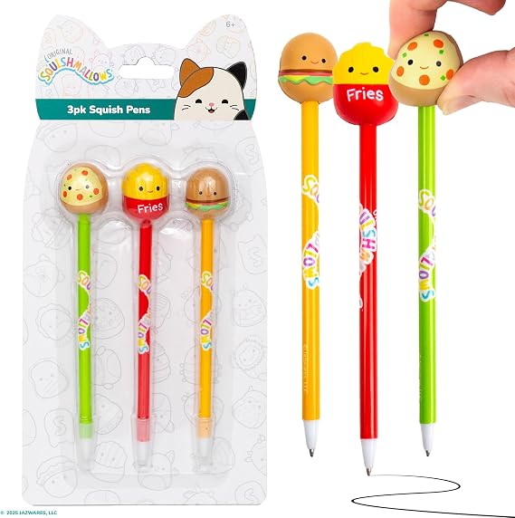 Squishmallows Original Squishy Pens, 3 Pack, Cute School Supplies, Journaling, Carl the Cheeseburger, Pep the Pizza, Floyd the French Fry