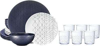 bzyoo BPA-Free Dishwasher Safe 100% Melamine Plate & Bowl Set for Casual dining Indoor and Outdoor Dining Party 12 PCS Dinnerware set, 6pc Tumbler Bundle Set, Spidy French Navy