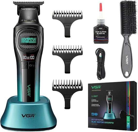 VGR 888T Hair Trimmer for Men, T-Blade, 8000RPM, DLC-Coated Blade, Green | Cordless detail trimming; LED display; built-in light; 2000mAh battery; USB charging base; 1/2/3mm combs