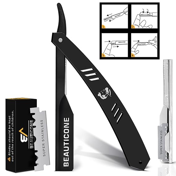 BEAUTICONE Barber Straight Razor for Men Professional Shavette with Slide-Out Blade Holder, 20 Stainless Steel Blades Included, Cut Throat Razor, All Black
