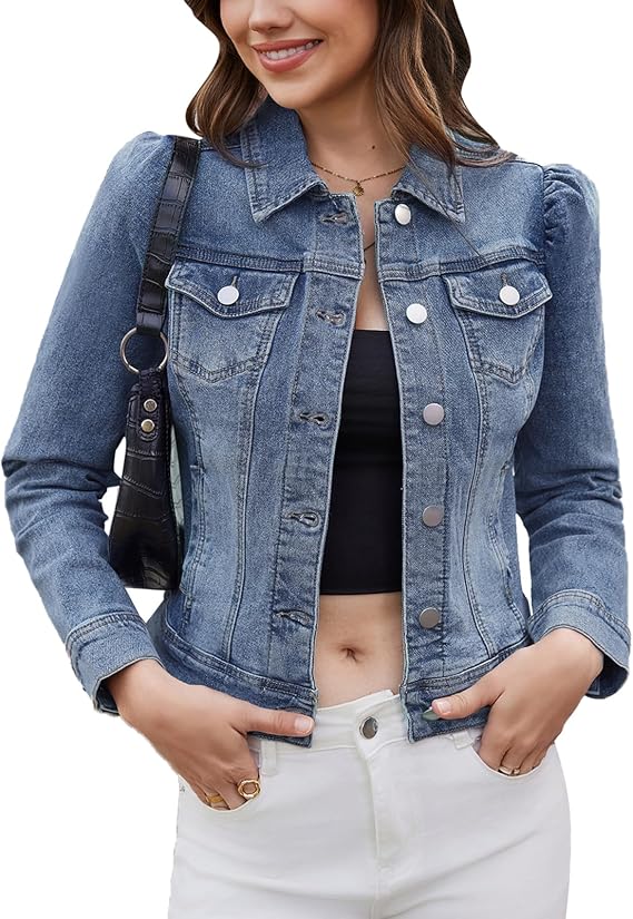 Women's Jean Jacket Cropped Denim Jackets Stretchy Puff Long Sleeve Ripped with Pockets