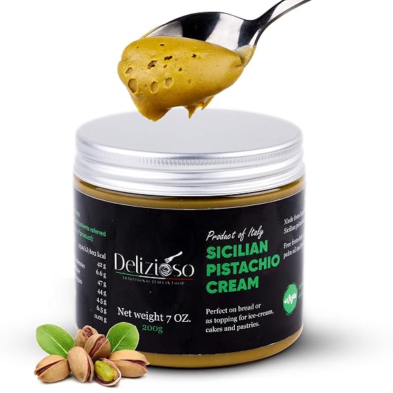 Delizioso Pistachio Cream Premium Sicilian Pistachios Nuts - Italian Vegan Pistachio Spread No-Gluten or Palm Oil Recipe Consistent Creamy Texture Intense Flavor and Taste 7 oz