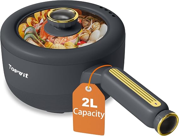 TOPWIT 2L Electric Pot, Non-Stick Portable Ramen Cooker, Dual Power | 600W Hot Pot Electric, Electric Pot for Cooking Steak, Egg, Oatmeal, Soup, Ramen Cooker for Dorm, Travel, Hotel, Office, Grey
