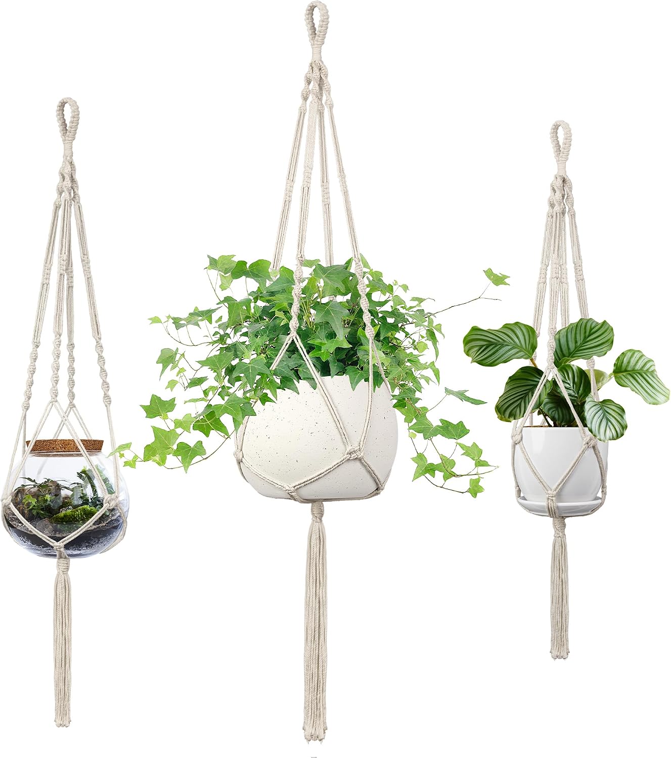 Macrame Plant Hanger - Fits 4 to 13 inches Pots for Indoor Outdoor, 344146 3 Sizes Set, Ivory POTS NOT Included