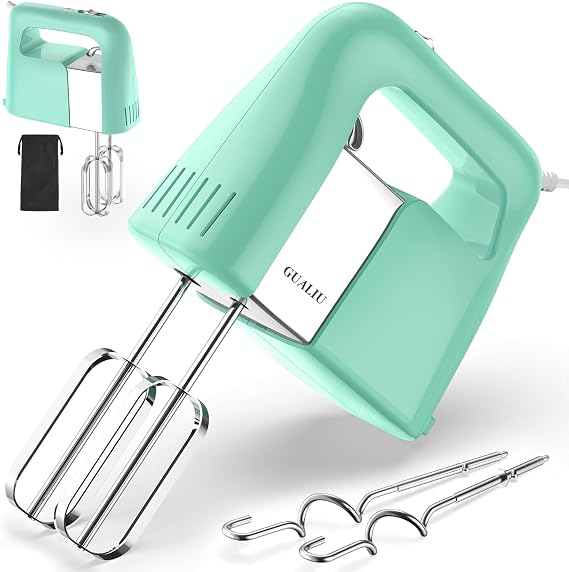 GUALIU 450W Hand Mixer Electric, 5-Speed Large Handheld Mixer Food Mixer with 304 Stainless Steel Beaters, Dough Hooks & Storage Bag, Electric Kitchen Mixer for Baking & Cooking, Turbo Boost/Aqua Sky
