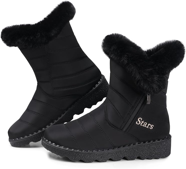 SHIBEVER Waterproof Winter Boots for Women: Snow Mid Calf Fur Lined Warm Women Boot Outdoor Resistant Booties