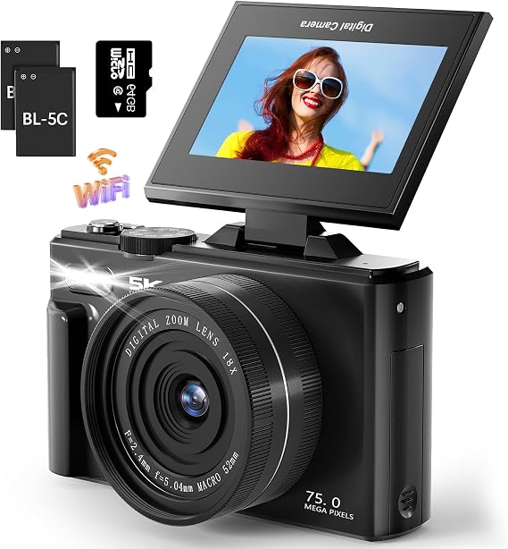 5K 75MP Digital Camera for Photography with WiFi - Autofocus Vlogging Camera for YouTube with 64GB SD Card, 18X Zoom 3" 180 Flip Screen Compact Travel Camera with 2 Batteries for Teens and Beginner