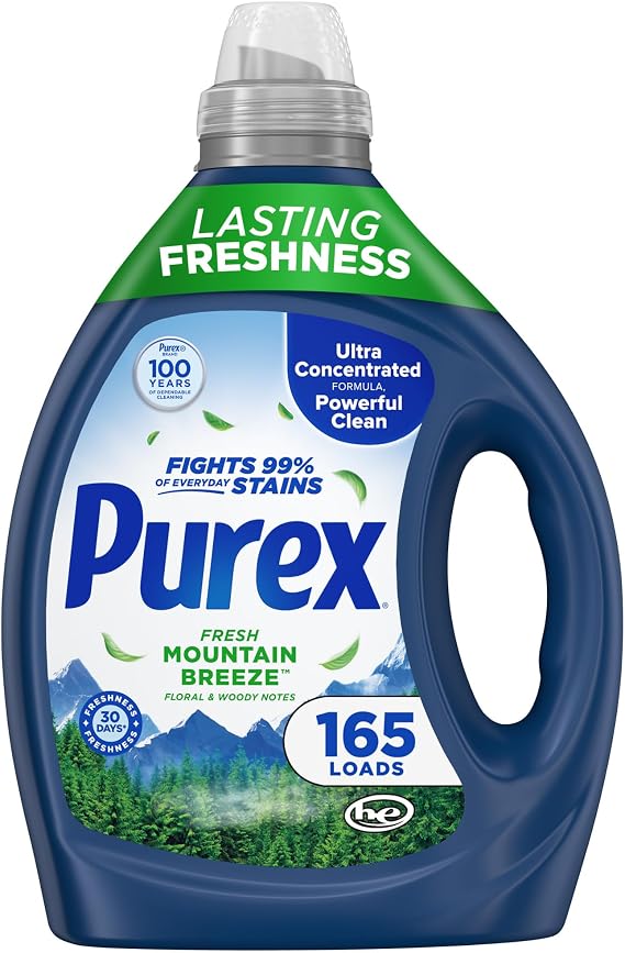 Purex Liquid Detergent, Fresh Mountain Breeze, 82.5 fl oz, 165 Loads | Ultra-concentrated formula, powerful stain removal, long-lasting freshness, HE compatible