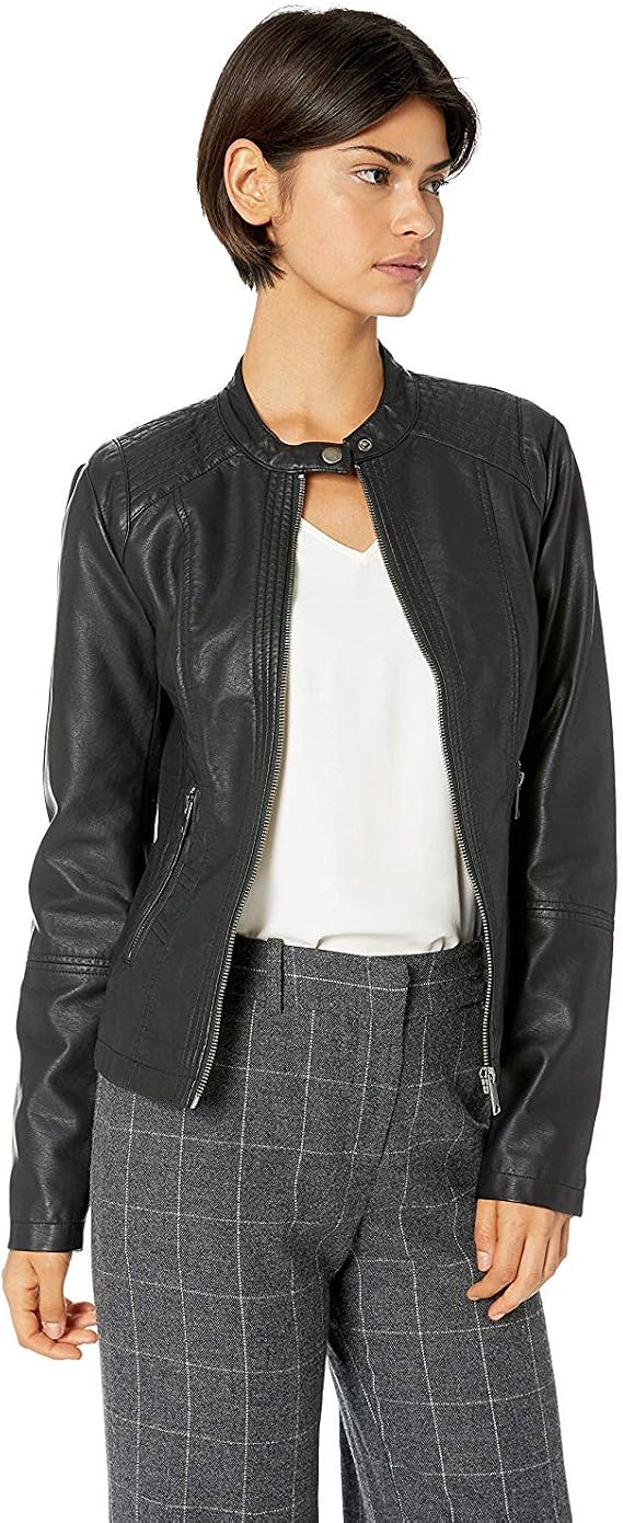 Sebby Collection Women's Faux Leather Jacket with Moto Details and Front Zip Pockets