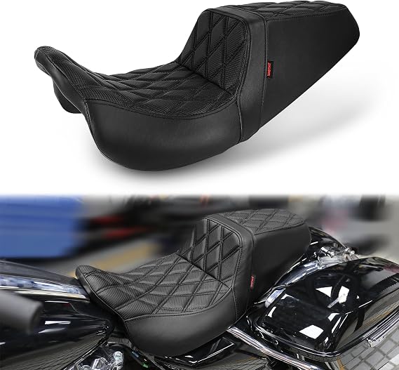 One Piece Rider Passenger Seat Gel Motorcycle Seat Compatible with Harley Touring Street Glide Road Glide Road King Electra Glide 2008-2022 (Black Stitching&Diamond Pattern)