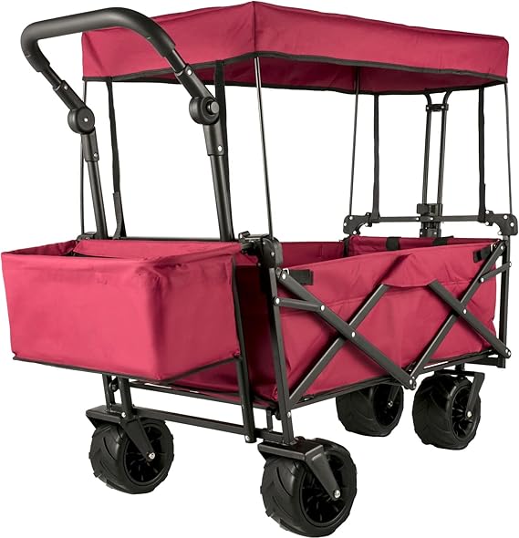 VEVOR Foldable Wagon with Removable Canopy 220lb Heavy Duty Foldable Beach Wagon with Big Wheels Foldable Outdoor Utility Wagon Garden Cart with Adjustable Push Pull Handle