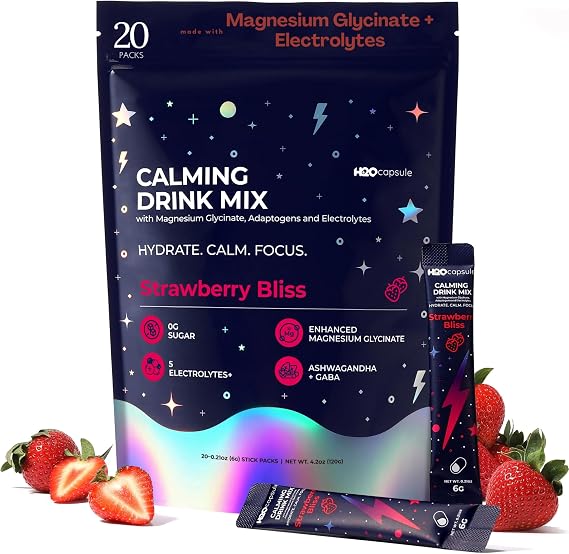 Calm Magnesium Glycinate Powdered Drink Mix with Electrolytes Sugar Free with Ashwagandha, L-Theanine, Vitamin B6 &GABA Cortisol Support, Stress Relief, Hydration & Focus - 20 servings (Strawberry)