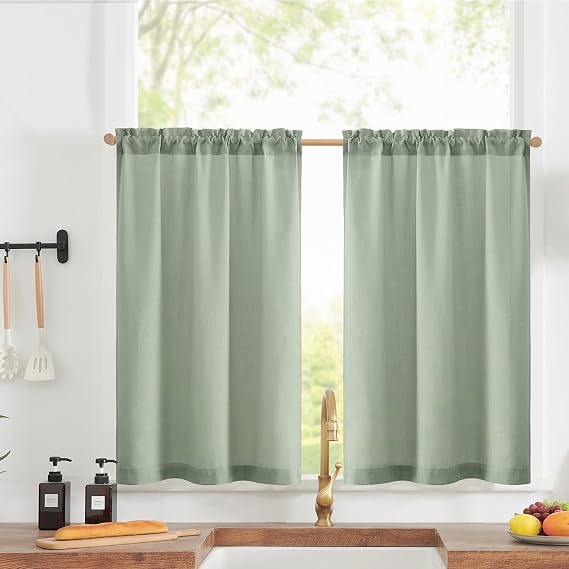 jinchan Linen Blend Kitchen Tier Curtains, 36 Inch, Green, 2 Panels