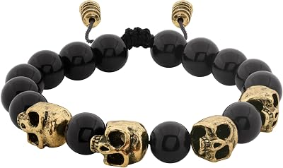 HAQUIL Punk Black Gold Plated Alloy Skull Charm Beaded Bracelet Durable Adjustable Wristband for Men
