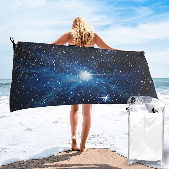 Blue Shining Star Prints Quick Dry Beach Towel 55x27.5 Inch Microfiber Towel Blanket Sand Free Soft Absorbent Bath Towels with PVC Bag