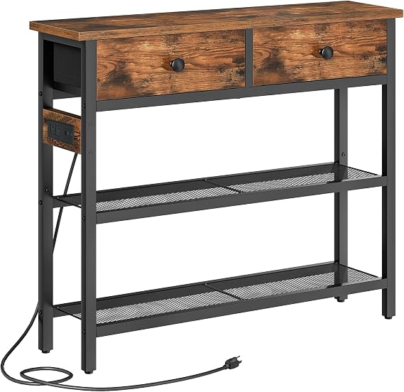 HOOBRO 29.5" Narrow Console Table with Power Outlet, Small Entryway Table with 2 Fabric Drawers, Behind Couch Table Sofa, 3-Tier Storage Shelves, for Living Room, Hallway, Rustic Brown BF72UXG01