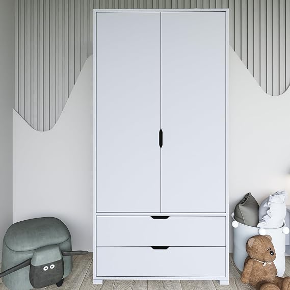 90 Cm Mat Beyaz 2 Kapılı 2 Çekmeceli Elbise Dolabı - Gardırop