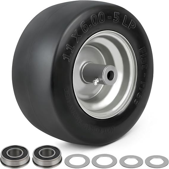 LotFancy 11x6.00-5 Flat Free Lawn Mower Tire and Wheel, 3/4" or 5/8" Bushings, 5 7/8" Centered Hub, Smooth Tread Tire for Zero Turn Mowers
