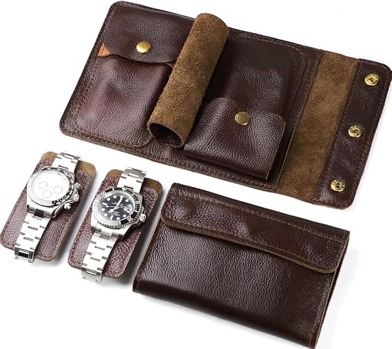 2 Slots Portable Travel Watch Box Vegetable Tanned Milled Leather Double Watch Case Pouch Watch Holder Organizer Storage Jewelry Wristwatch Roll Secure Storage Durable Easy Carry On Brown