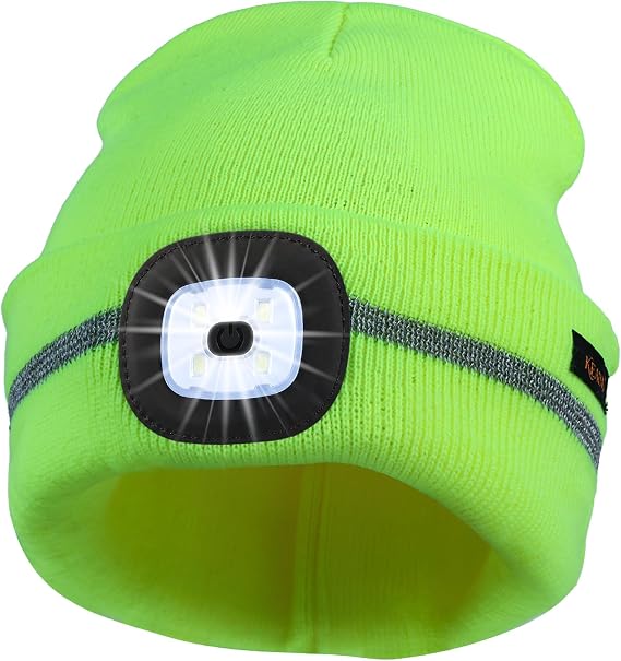 Keains Reflective Stripe LED Beanie with The Light , Winter Knit Hat for Outdoor Work Sports, Gifts for Men Women Dad
