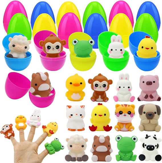 12 Pack Prefilled Easter Eggs with Finger Puppets, Plastic Easter Eggs Filled Inside for Easter Eggs Hunt, Easter Basket Stuffers, Easter Theme Party Favors, Classroom Prize Supplies