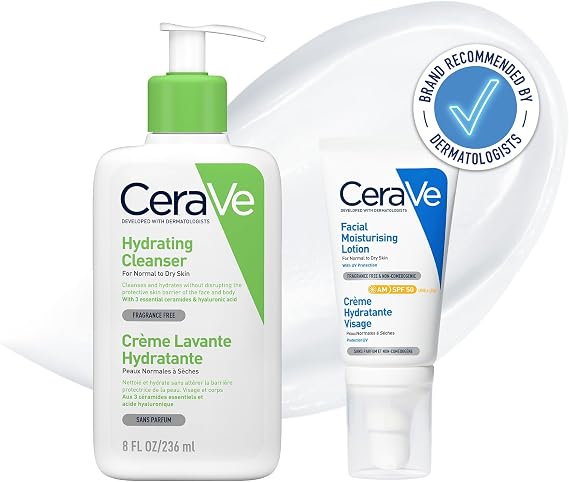 CeraVe Morning Face Routine for Dry Skin, Hydrating Cleanser 236ml & AM Facial Moisturising Lotion SPF50 52ml