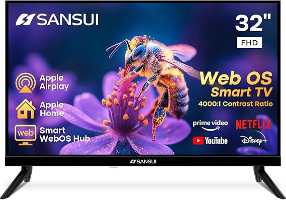 SANSUI 32 inch FHD Smart WebOS TV|Frameless Screen with chromecast Built in | 4000:1 Contrast Ratio|WebOS Hub with 28W Speakers & Apple HomeKit & Live TV| Support Airplay & WiFi & Bluetooth 5.2