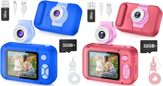 2Pcs Kid Camera for Kid,2.4in IPS Screen Digital Camera,180Flip Len Toddler Camera,Children Selfie Camera with Playback Game,Christmas/Birthday Gift 3 4 5 6 7 8 9 10 Year Old Girl Boy