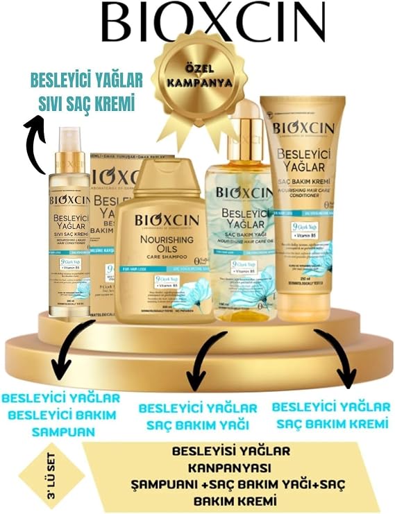 Bioxcin Besleyici Yağlar Bakım Şampuanı 300ml+Saç Bakım Yağı 150ml+Saç Bakım Kremi + Sıvı Saç Kremi