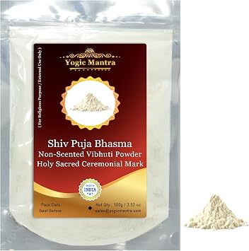 Yogic Mantra Shiva Vibhuti Bhasma Holy Ash Powder (Uncented 100g / 3.5oz Vibhooti Bhasma) Thiruneeru Forehead Ceremonial Mark, Shiv Tripundra Tikka for Home Puja & Havan Yagya Pooja Samagri