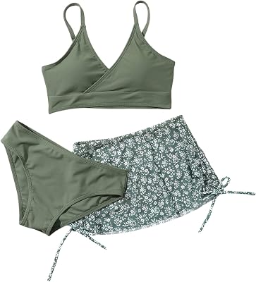 Girl 3 Piece Swimsuit Bathing Suits Cute Small Floral Bikini Set with Cover Up Swimwear Kid Girl Beach Green
