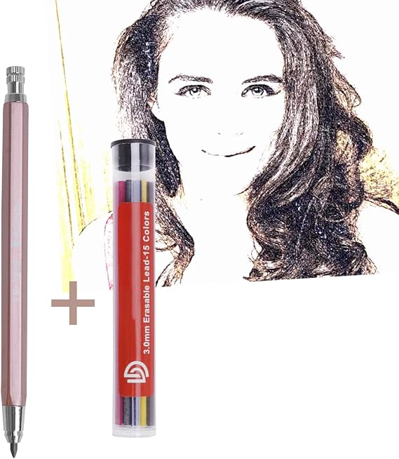 BXT 3MM Lead Holder Metal Automatic Mechanical Graphite Pencil with 15pcs Colorful Refills, Pink Clutch Charcoal Pencil for Draft Drawing, Shading, Crafting, Art Sketching (3mm)