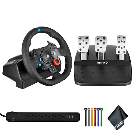 Logitech G G29 Driving Force Racing Wheel and Floor Pedals, Real Force Feedback, Stainless Steel Paddle Shifters (941-000110) Bundle Including: Surge Protector, Cable Ties, Electronic's Basket Cloth