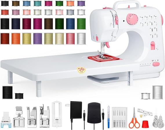 Small Portable Sewing Machine for Beginners, Easy-to-Use Electric Sewing Machine with 12 Built-In Stitches, Reverse Stitching, LED Light, Extension Table, 32-Color Thread Kit for Kids and Adults